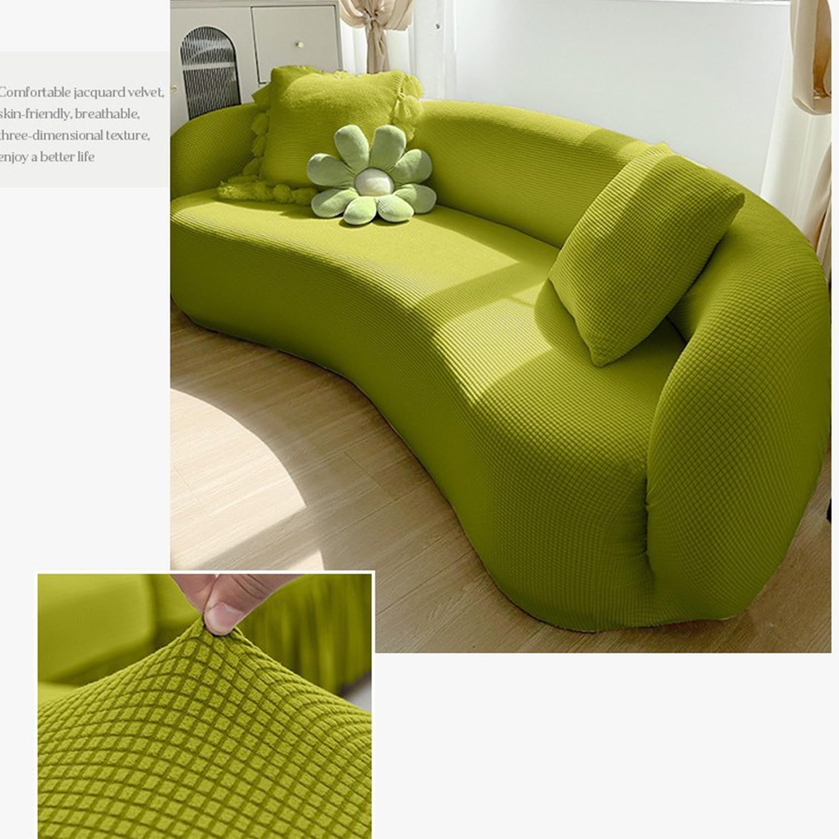 Rozciągliwy zakrzywiony pokrowiec na sofę, pyłoszczelny, elastyczny pokrowiec na kanapę do mebli segmentowych, półokrągły design (owocowy zielony pasuje do 4-osobowej 233,979 cm)