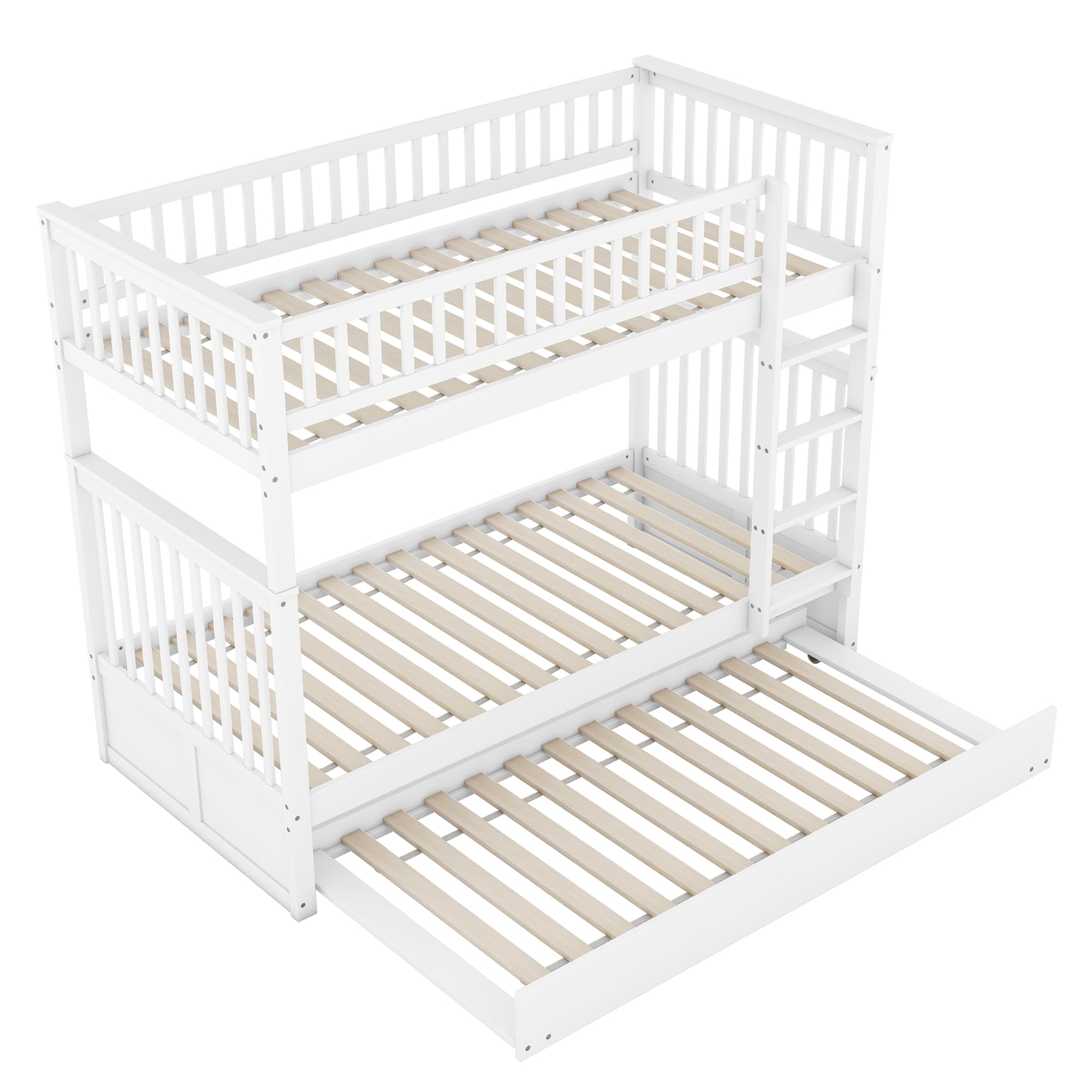 90 x 200 cm Litera, cama triple, cama infantil de madera con cama nido de 90 x 190 cm, barandilla alta, escalera estable, con somier (blanco), WX000811