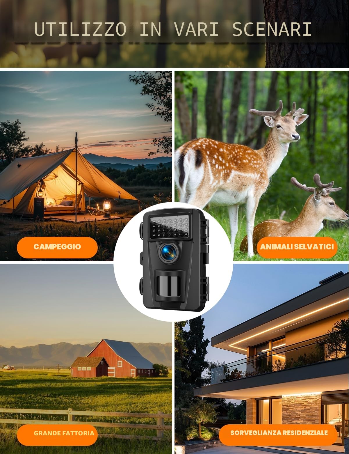 Fototrappola 4K 60MP Infrarossi Invisibili 130° IP66 940nm IR LED 32GB