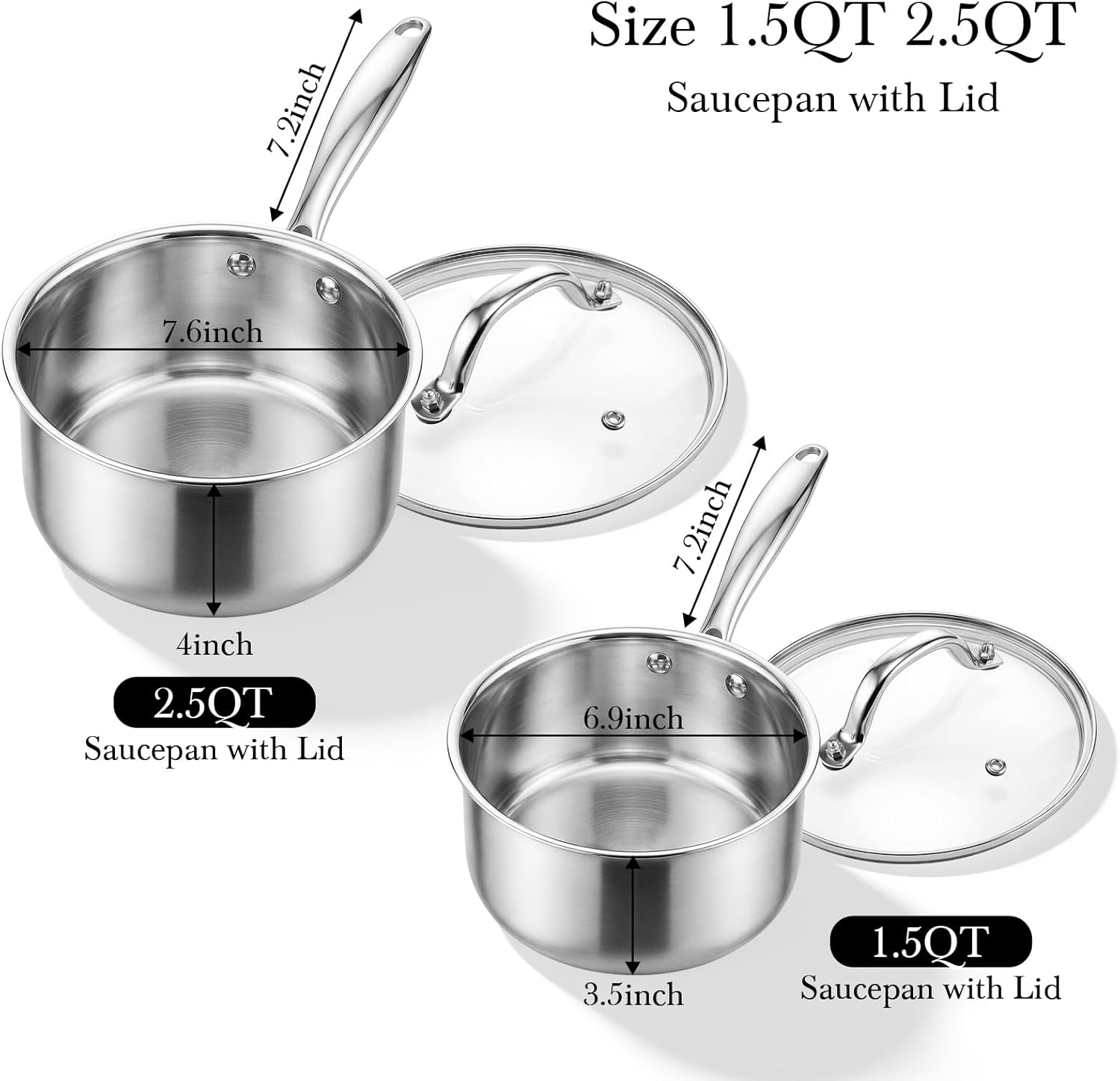 Tri-ply Stainless Steel Pot - 1.5 Qt & 2.5 Qt Heavy Duty Sauce Pan with Lid, Nonstick Stainless Steel Cookware Set Cooking Pot, Multipurpose Saucepan with Stay Cool Handle