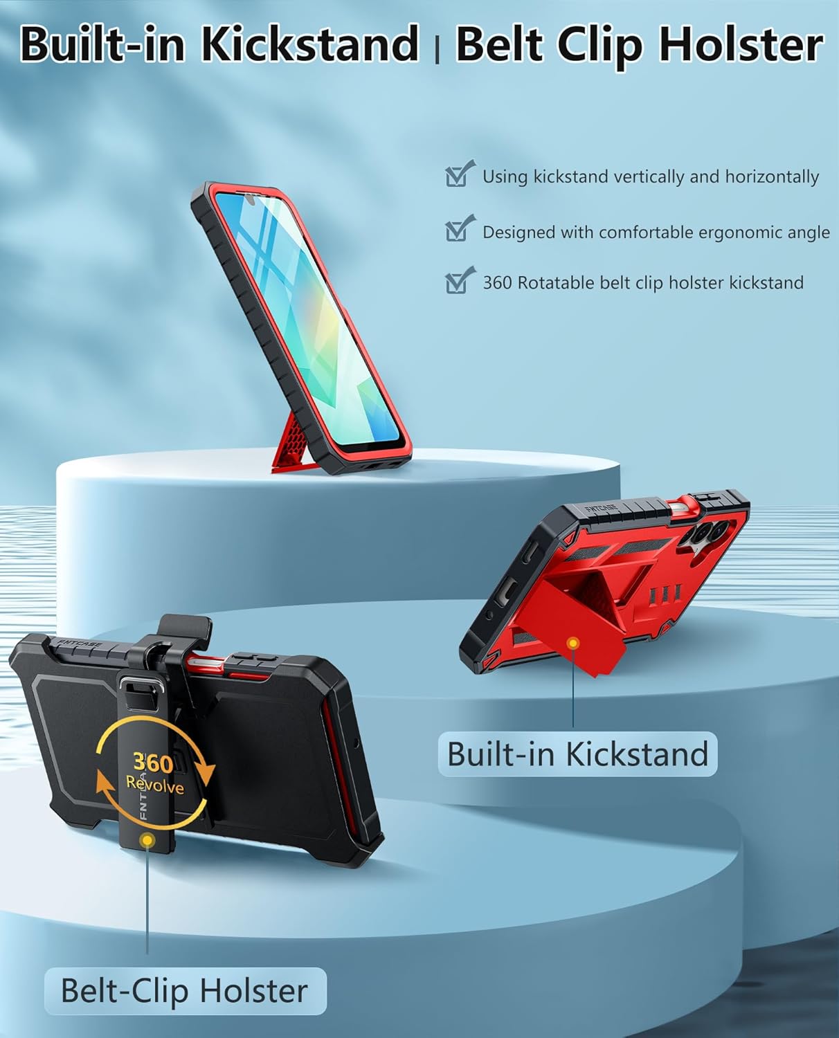 FNTCASE for Samsung Galaxy A16-5G Case: Military Grade Rugged Cell Phone Cover with Kickstand & Holster | Shockproof TPU Protection Bumper Matte Textured Design for Galaxy A16 Cases 6.7 inch - Red