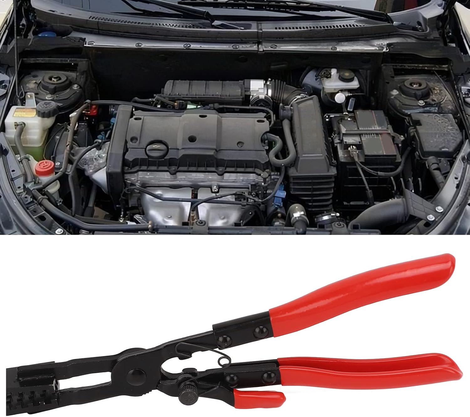 Hose Clamp Plier with Metal Textured Jaws, Short Handle and Extended Elbow for Car Repair, Angled Design for Hard to Reach Areas, High Quality and Durable Hand Tool