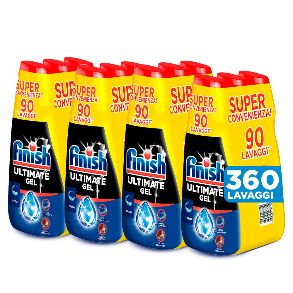 Finish Ultimate Gel, 4 confezioni di Tripacco Gel Detersivo Lavastoviglie, 360 lavaggi, 540 ml, Fresh, Extra Potere Sgrassante, Extra Brillantezza, Pulizia Profonda