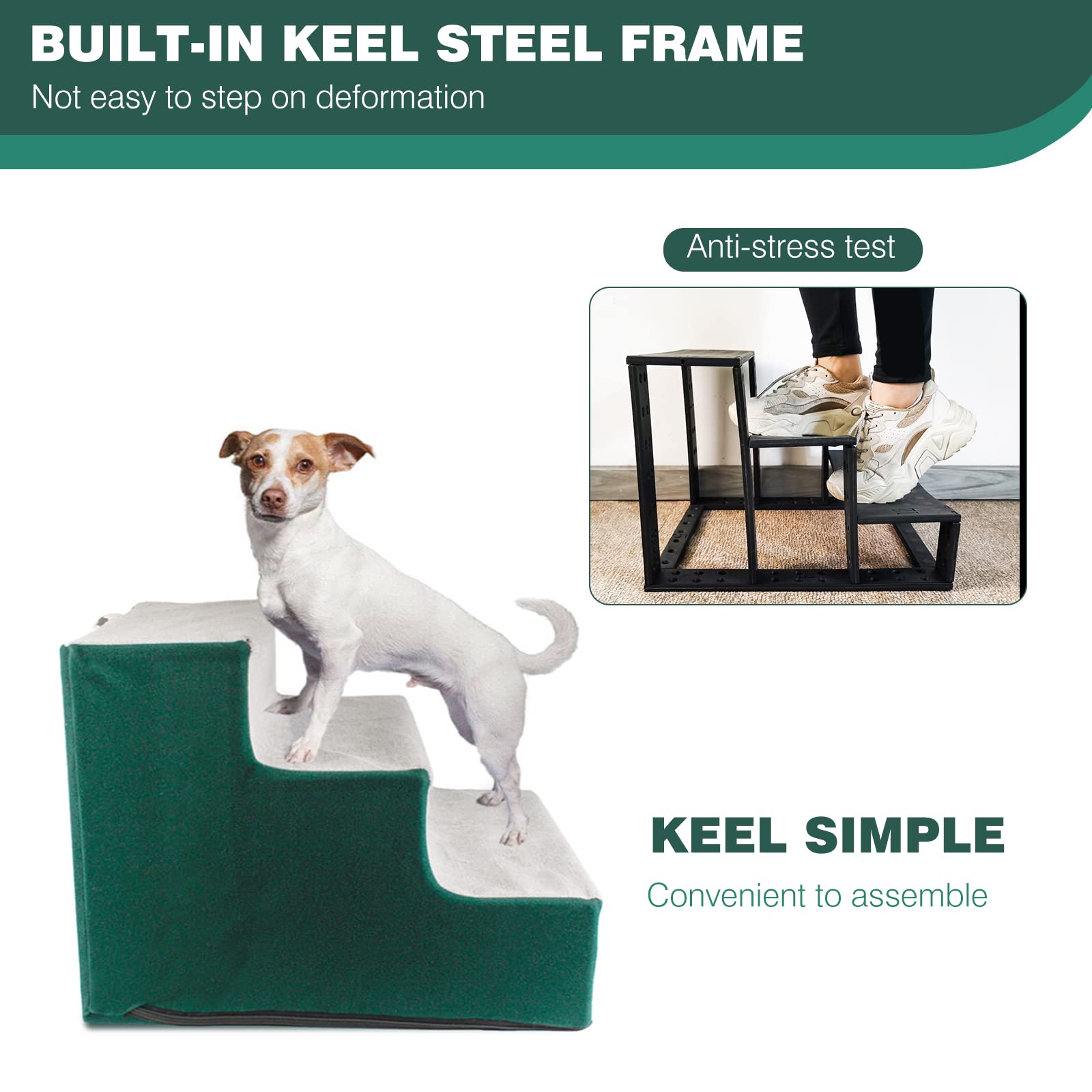 PETCUTE Scaletta per Cani e Gatti,Scala per Animali Scala per Gatti,antiscivolo,Rampe per Cani,3 Gradini Scale per Animali Domestici con Rivestimento in Peluche Lavabile,Fino a 20lb Verde