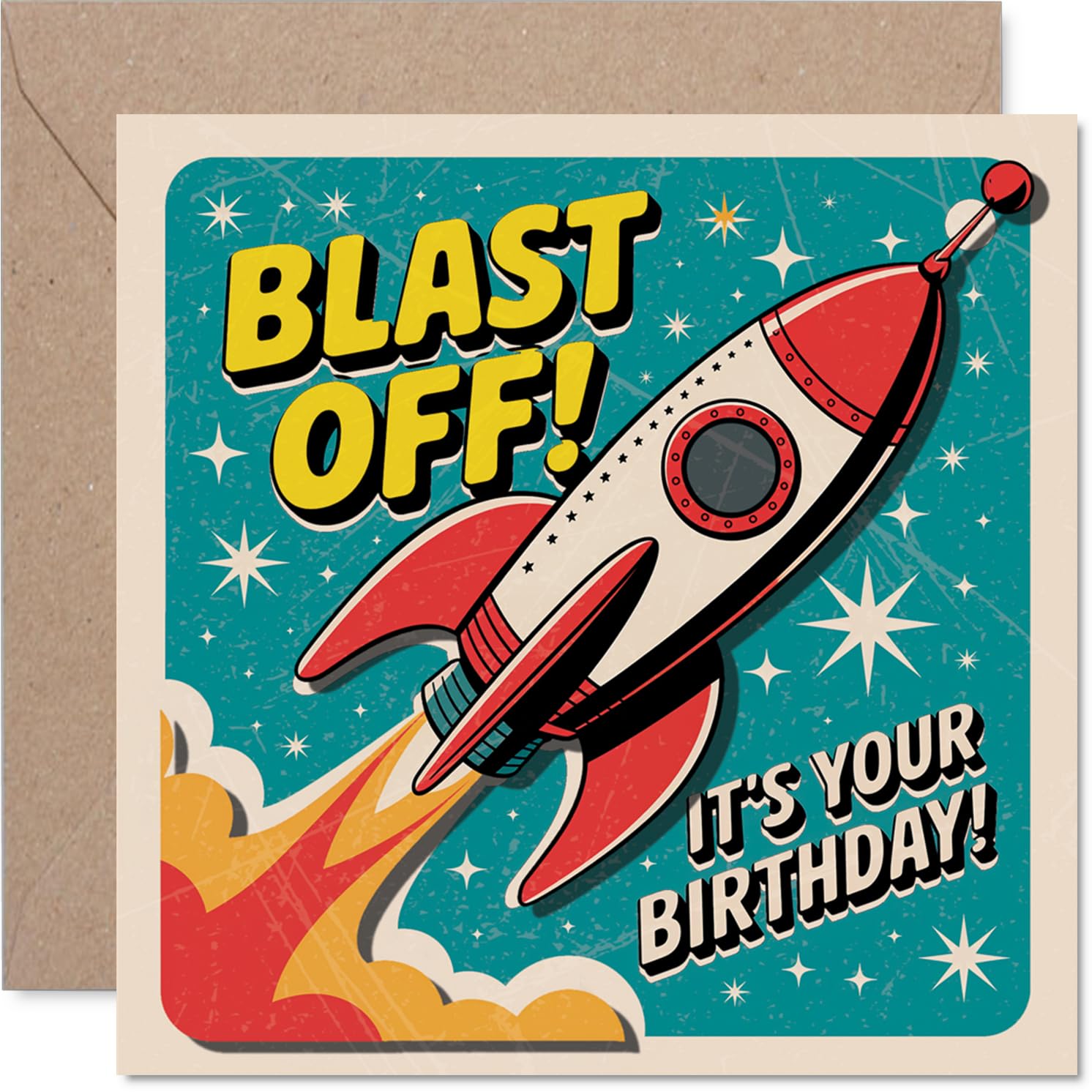 Playful Birthday Card - Blast off into Birthday Fun - Vibrant Rocket and Space Design in Bold Blue and Red - 145mm Square, Envelope Included