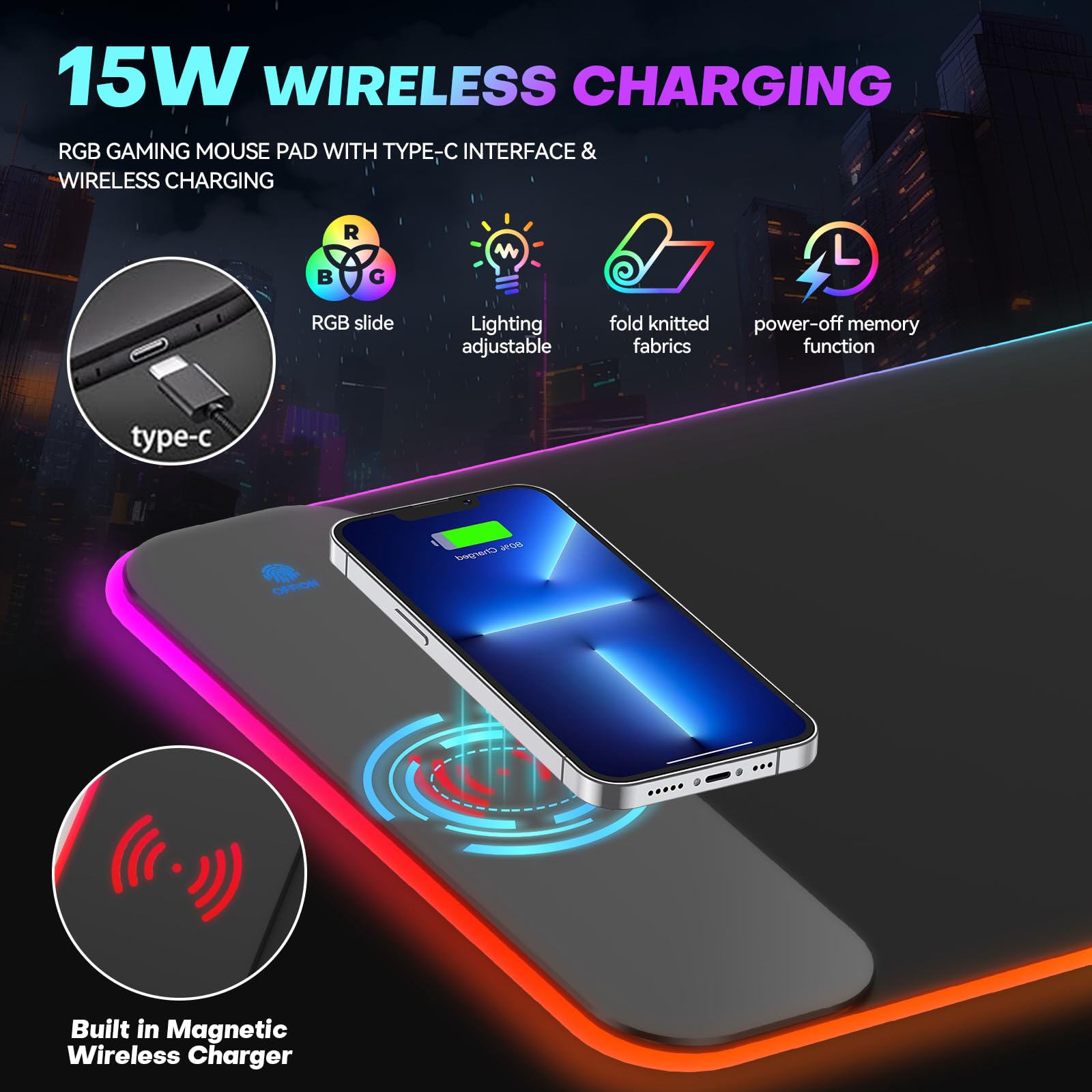 Tappetino per mouse da gioco RGB con caricabatterie wireless da 15 W, 17 modalità di illuminazione, tappetino per mouse extra large da 70 x 30 cm, con base antiscivolo, plug & play di tipo C, per