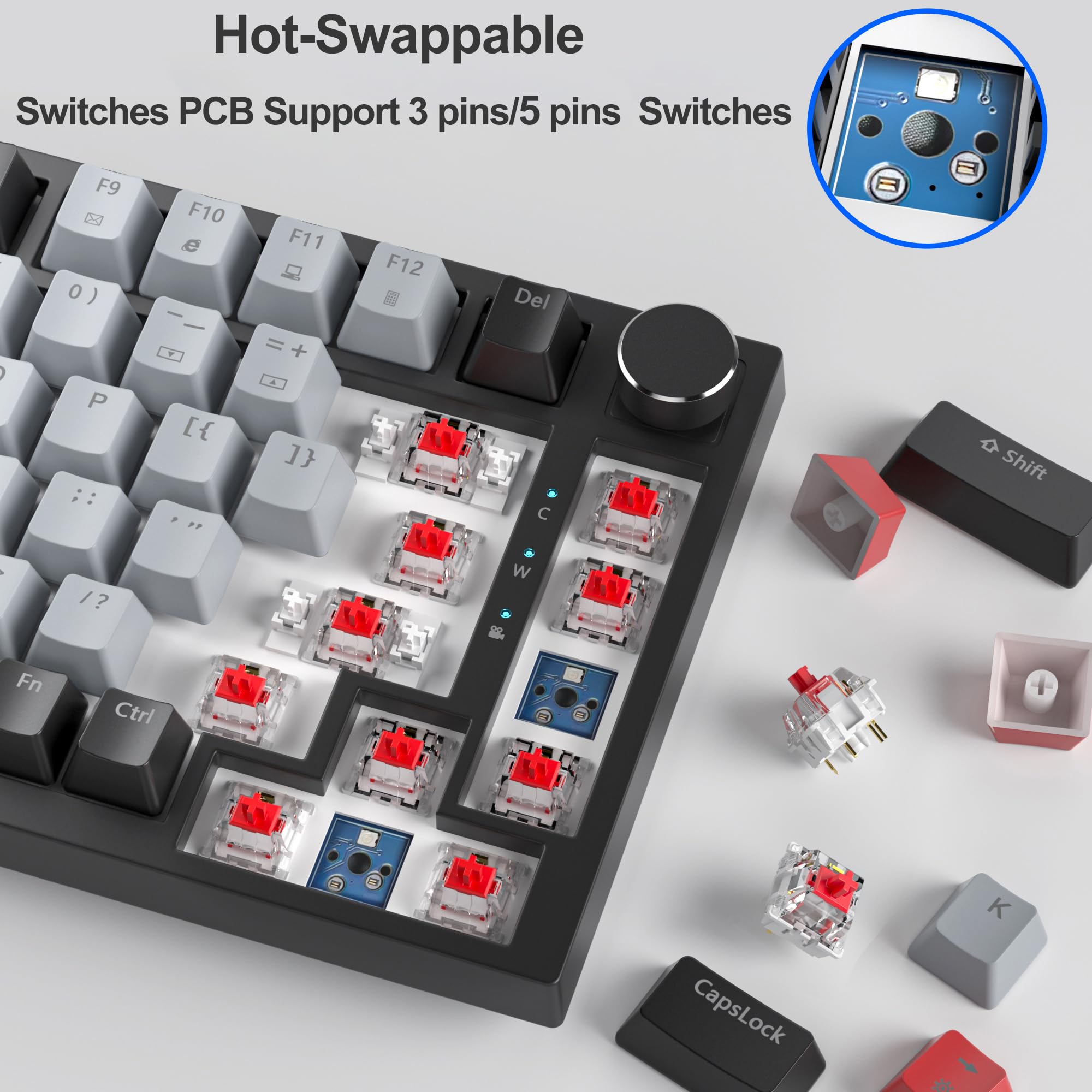 Fogruaden Teclado mecánico 75% con cable, montaje de junta intercambiable en caliente con interruptor rojo, retroiluminación RGB, 82 teclas TKL, NKRO Compact Gaming con perilla (Dolch)