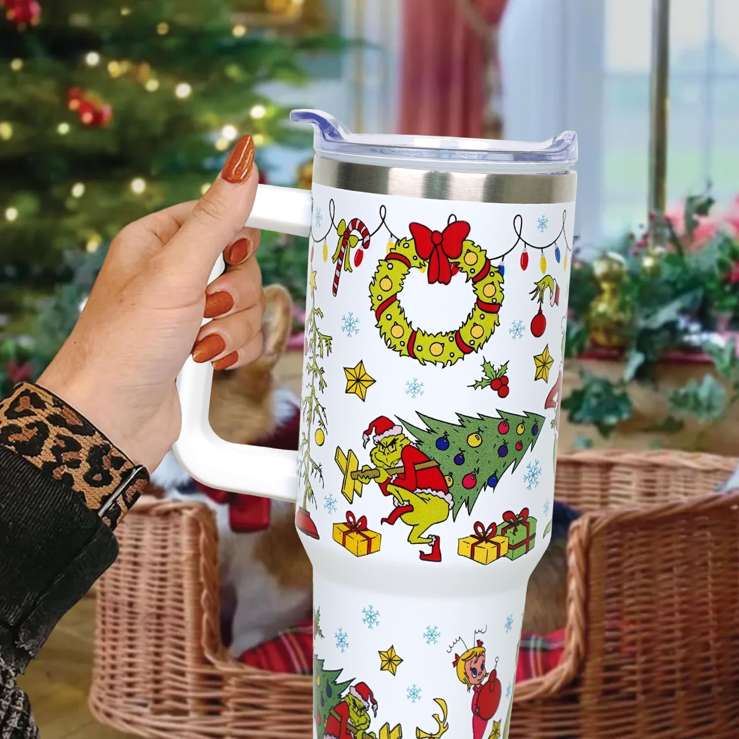 40 oz Christmas Tumbler with Handle Gifts for Girls Daughter Women, Christmas Stainless Steel Insulated Coffee Cups Tumblers with Lids and Straws, White - Image 7