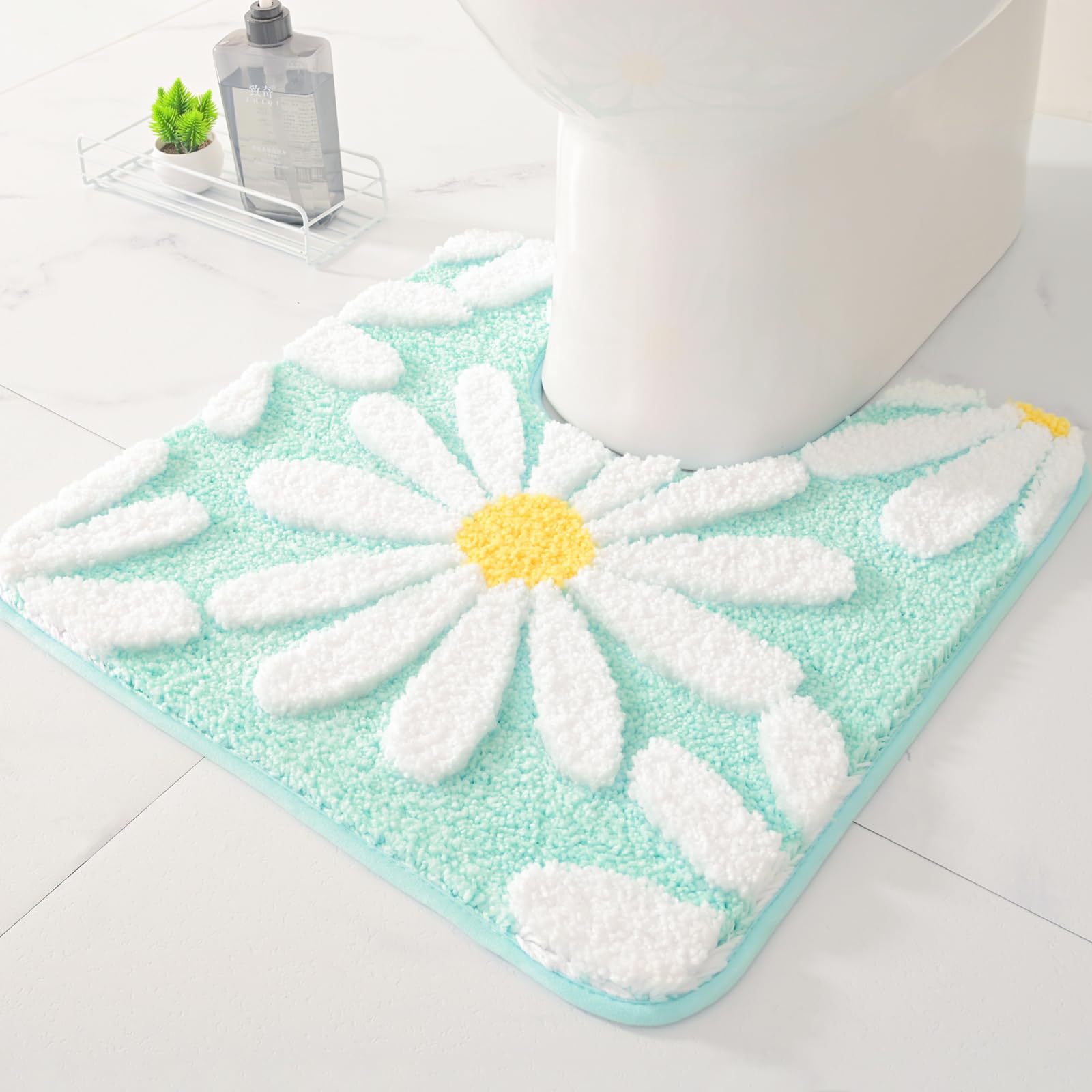 QJHOMO Toilet Rugs U Shaped, Green Toilet Mat Cute Daisy Contour Bath Rug 20"x20", Extra Thick Soft Machine Washable Toilet Carpet, Non Slip Bathroom