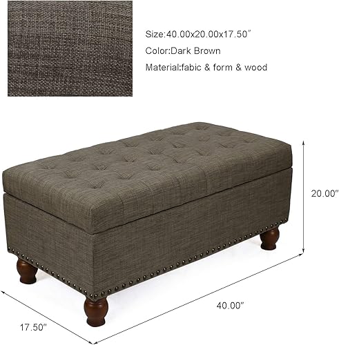 Miniatura 25 de Adeco Otomana de almacenamiento, banco tapizado rectangular de piel sintética con patas de madera, reposapiés, mesa de café para sala de estar,