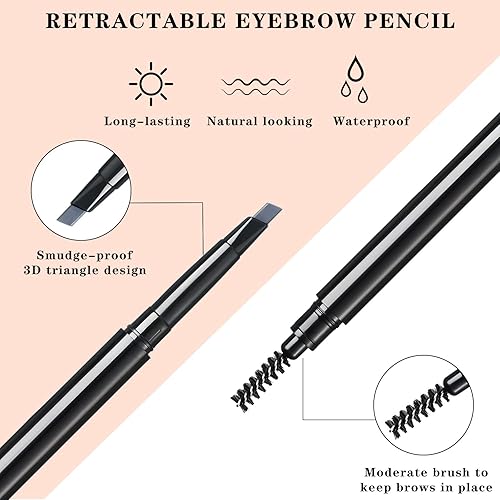 Miniatura 2 de Paquete de 6 lápices de cejas de larga duración con cepillo, resistente al agua, retráctil, mecánico, a prueba de sudor, 2 en 1, lápiz de cejas de