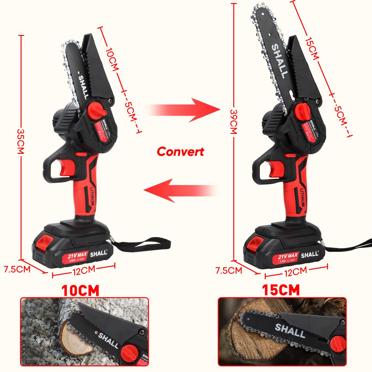 SHALL Mini tronçonneuse portable,Moteur sans balais 21 V,2 batteries à charge rapide,4 chaînes, coupant des branches, de jardinage meilleur choix pour mari, père, amateurs de bricolage en bois