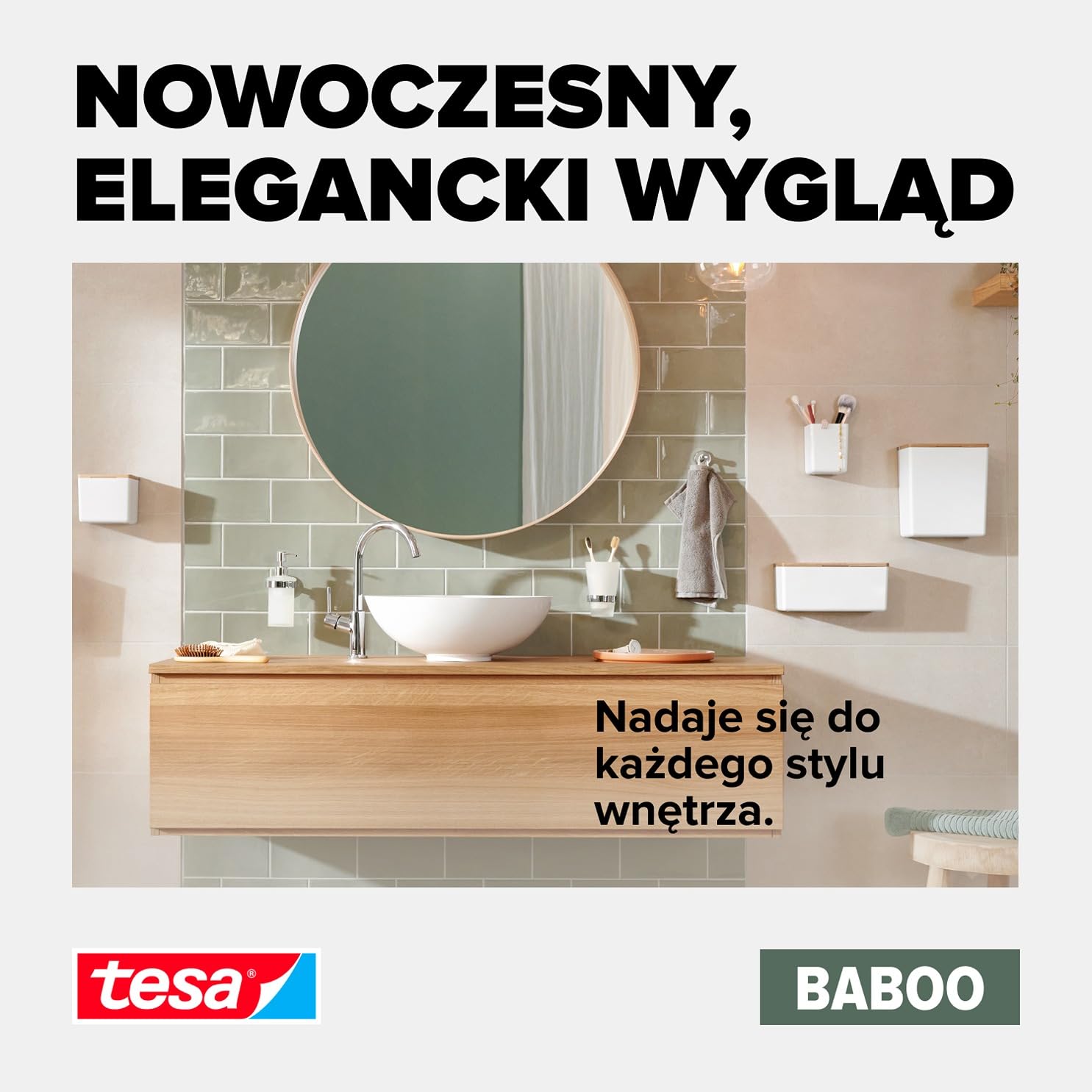 tesa Baboo Organizer Łazienkowy L z Bambusową Pokrywą, Matowy Biały, Pojemnik do Łazienki, Montaż bez Wiercenia, Plastry Montażowe tesa Powerstrips Waterproof XL, 182 mm x 210 mm x 102 mm