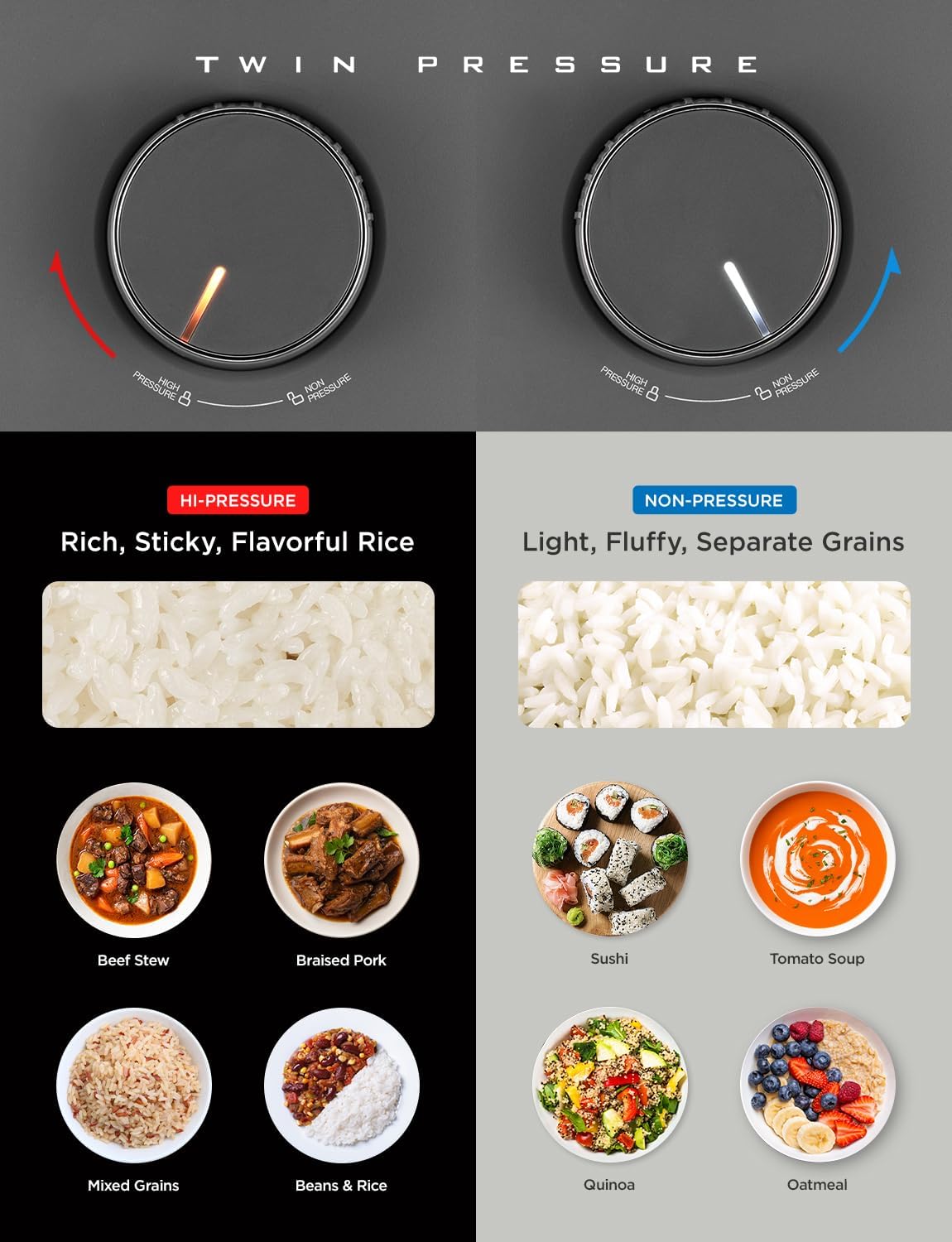CUCKOO Twin Pressure Rice Cooker 6-Cup Uncooked / 12-Cup Cooked with Nonstick Inner Pot, Versatile Rice Maker & Warmer with 16 Menu Options, Open Cooking Mode, Voice Guide, Gray (CRP-ST0609FG) - Image 3