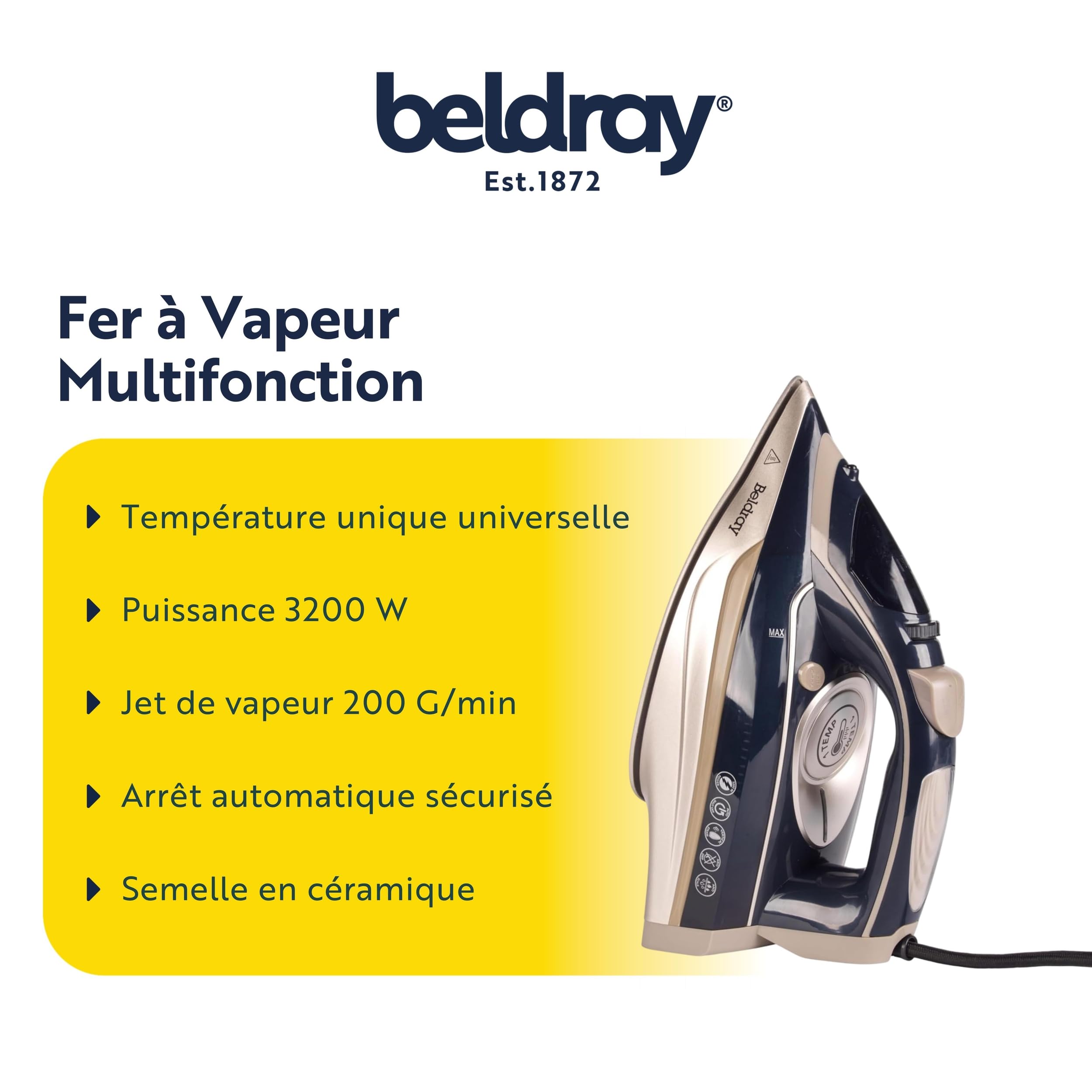 Beldray Fer à Repasser Vapeur 2600W, Semelle Céramique Professional avec Contrôle Variable Température/Vapeur, Jet Vapeur 140g/min, Réservoir 280ml, Système Auto-Nettoyage Intégré