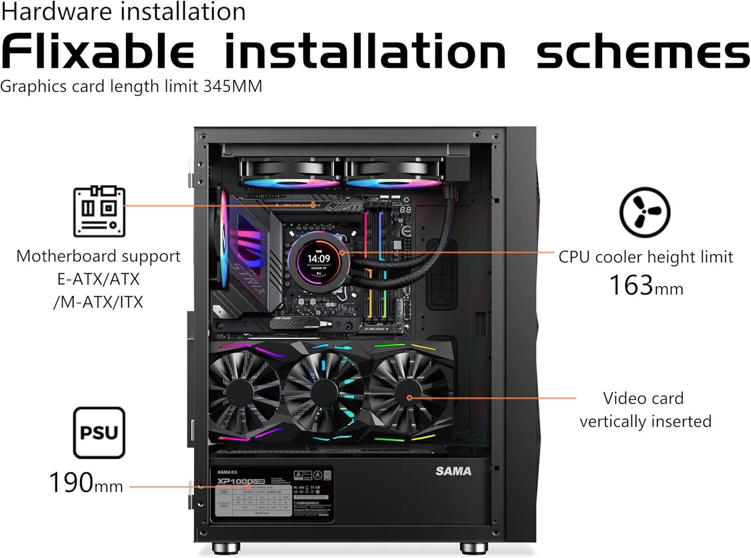 Internal view of SAMA 3509 case with installed components including vertical GPU, CPU cooler, and PSU
