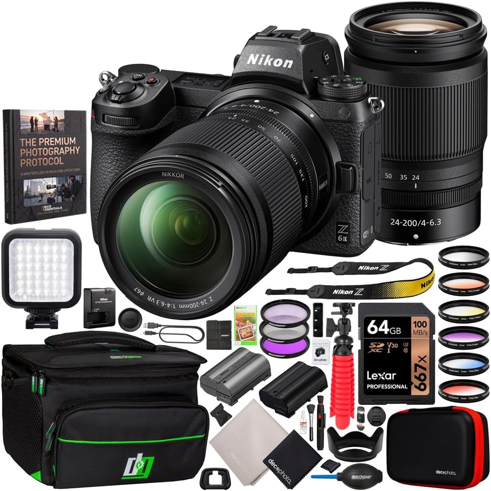 Z 6II Full-Frame Mirrorless Camera Bundle w/NIKKOR Z 24-200mm F4-6.3 Telephoto Zoom VR Lens + Deco Gear Camera + 67mm Filter Sets + LED + Extra Battery + Photography Pro Ebook & Accessories