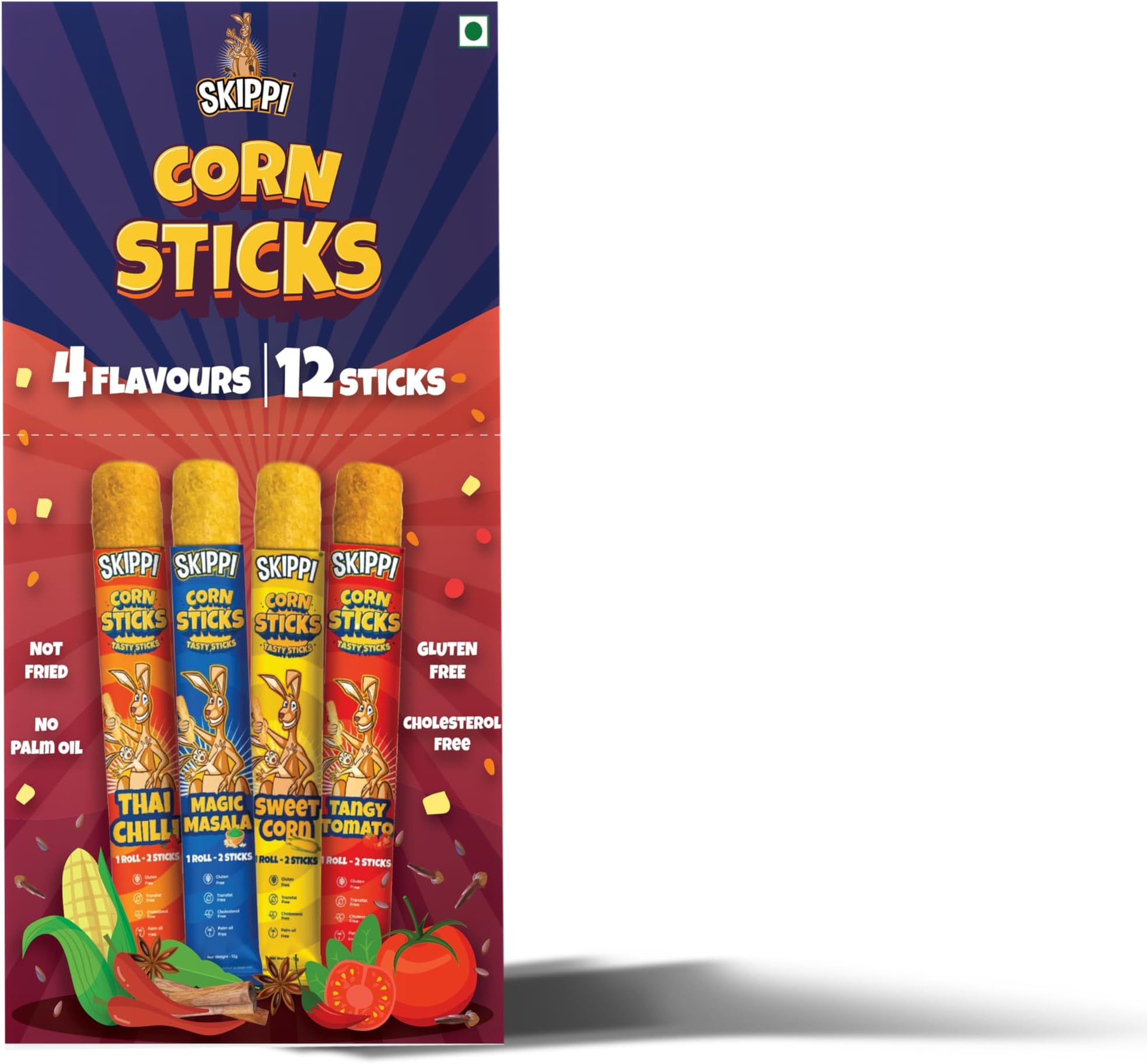 Skippi Cornsticks Korean Snacks Combo - No Palm Oil Snacks | All in One Namkeen Snacks | Gluten Free Snacks Combo 4 flavours (3 Sweet Puffcorn, 3 Magic Masala, 3 Tangy Tomato & 3 Thai Chilli) 1 Pack