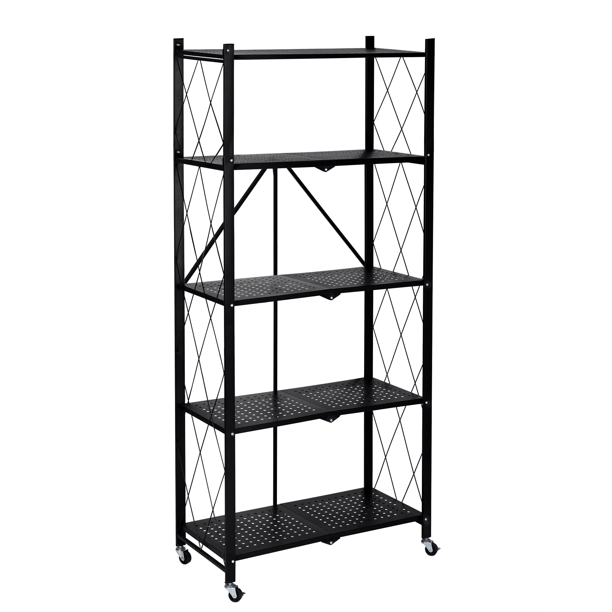 Estantería Plegable de Metal con Ruedas | Mueble Organizador con 5 estantes Resistentes y Estructura Reforzada | Diseño portátil, fácil de Montar y versátil para Cocina, Oficina, Garaje o Dormitorio