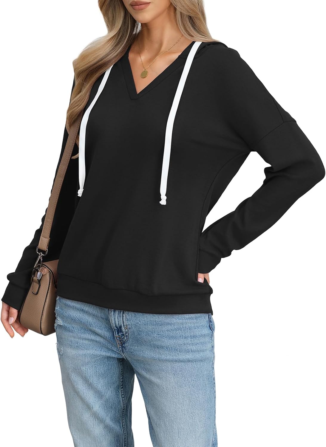 Womens V Neck Hoodie Lightweight Long Sleeve Sweatshirts Casual Loose Drawstring Pullover Fall Fashion Top 2026 - Image 3