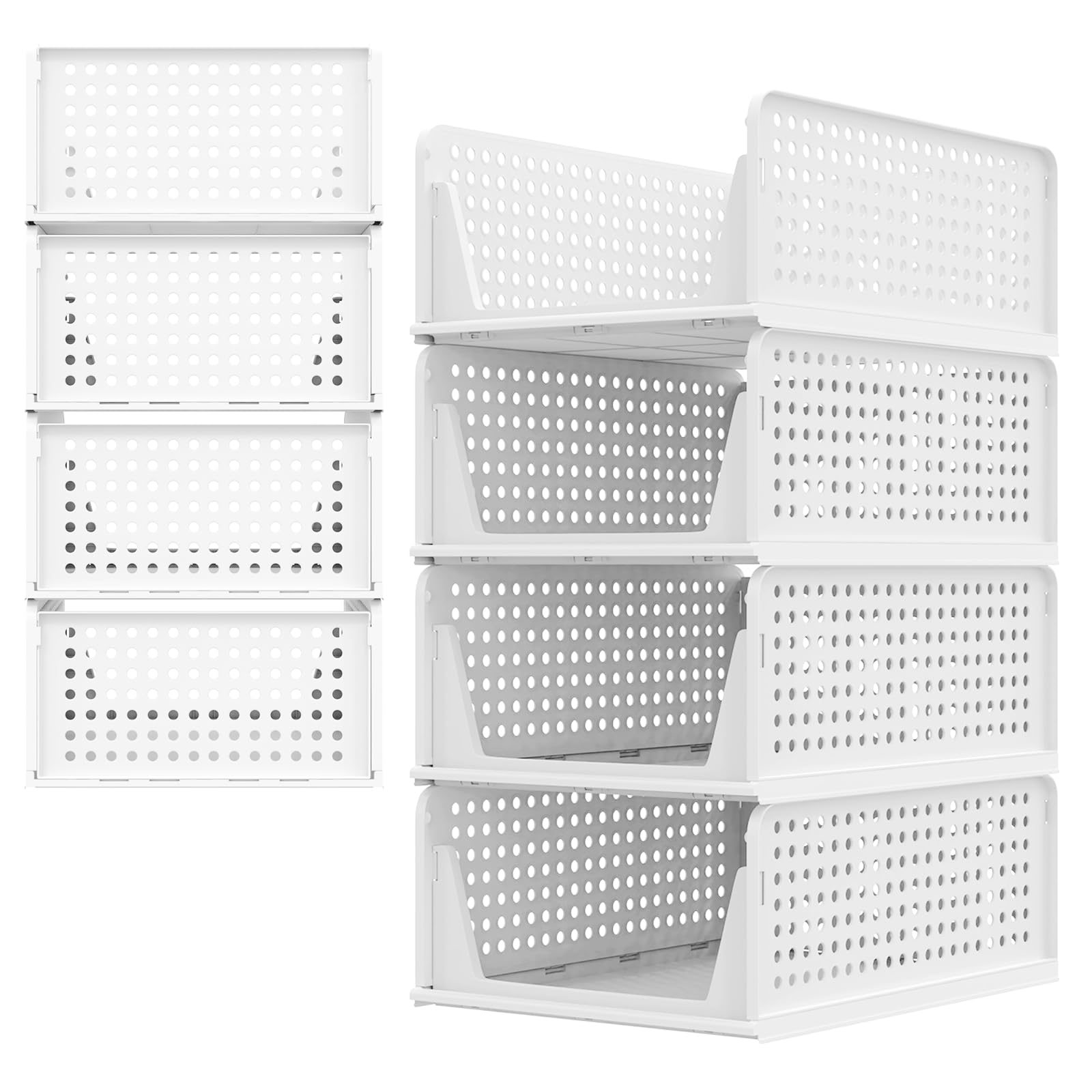VickyHome Set of 4 Stackable Wardrobe Storage, White Foldable Stackable Drawers Wardrobe Drawers Internal Storage, Hollow Design, Easy Pull Out Collapsible Storage Boxes for Shelves