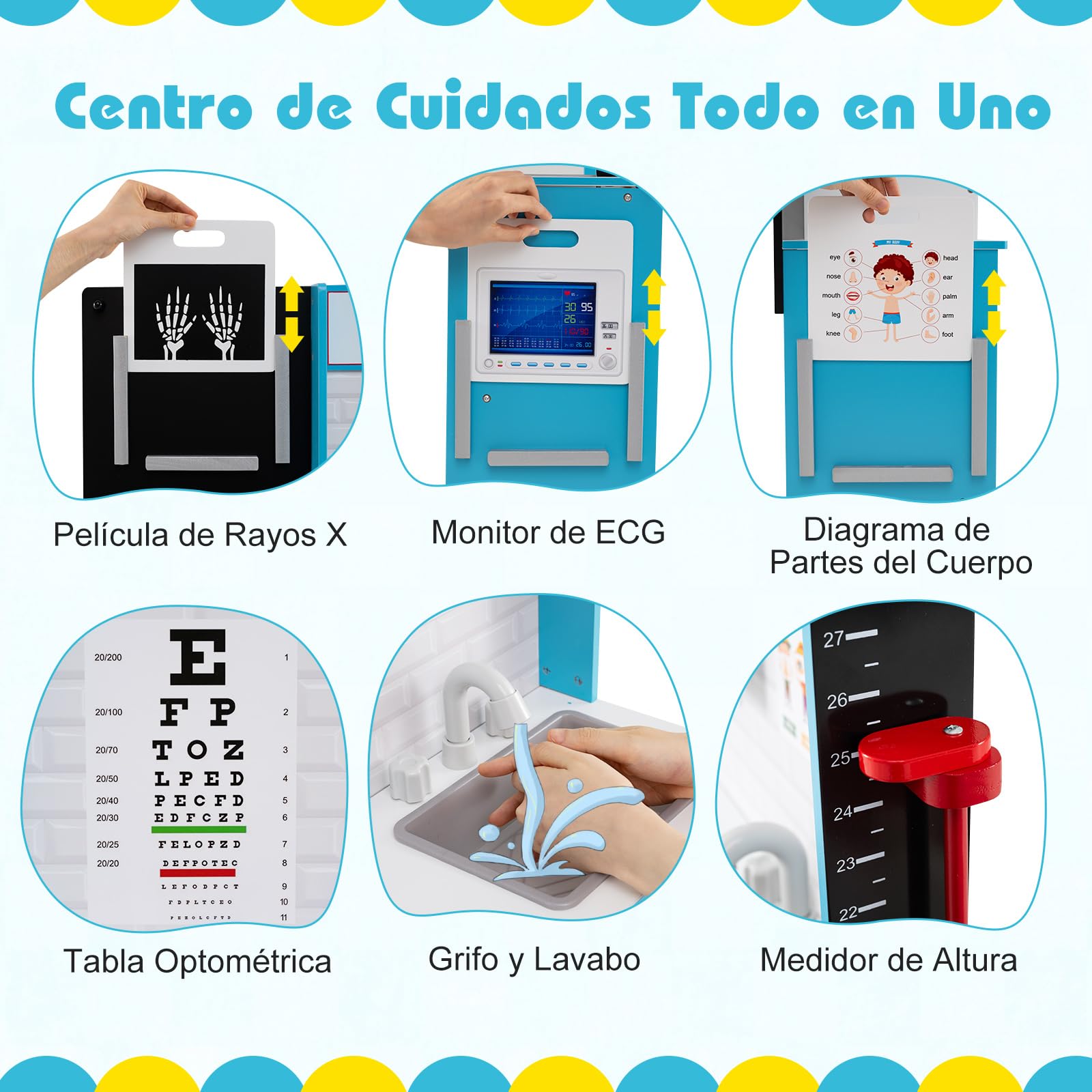 COSTWAY Centro Médico de Juguete, Juguete Médico Infantil de Madera con Zona de Examen, Película de Rayos X, Tabla Optométrica y Medidor de Altura, Hospital de Juguete con 29 Accesorios (Azul)