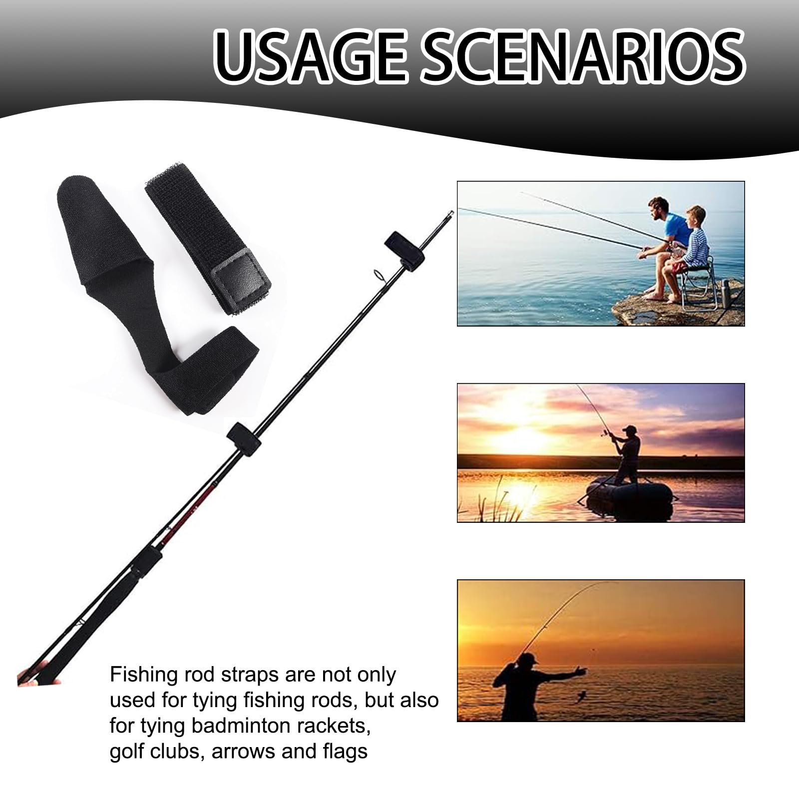 Juego de 10 bandas elásticas para cañas de pescar, soportes para cañas de pescar con velcro, accesorios de pesca para atar cañas de pescar y protección de fundición (negro)