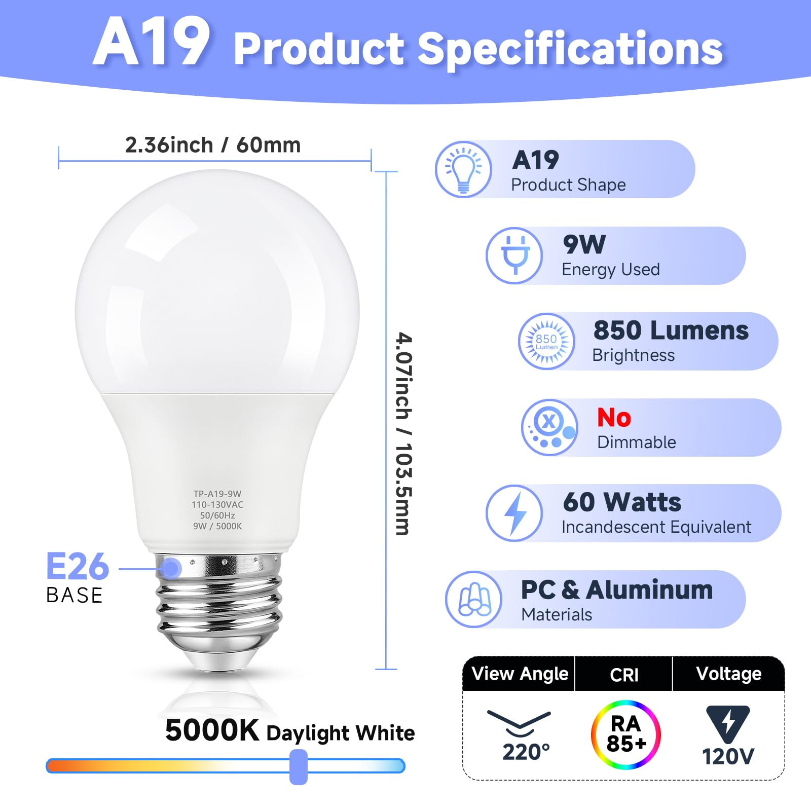 A19 LED Light Bulb 60 Watt Equivalent LED Bulbs 5000K Daylight White 850LM E26 Base Non-Dimmable 9W Bright — view 7