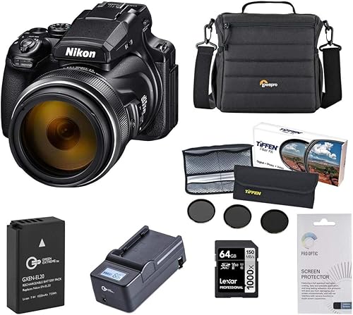 Nikon COOLPIX P1000 - Cámara digital de punto y disparo con tarjeta SDXC de 64 GB, kit de filtro ND digital Tiffen de 3.031in, funda para cámara,