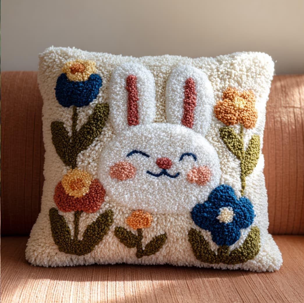 Taxpy DIY Latch Hook Pillow Kit Pre-Printed Hook and Latch Rug Kits Rabbit 17X17 Inch.Cross-Stitch Embroidery Cushion Cover for Home Sofa Decoration