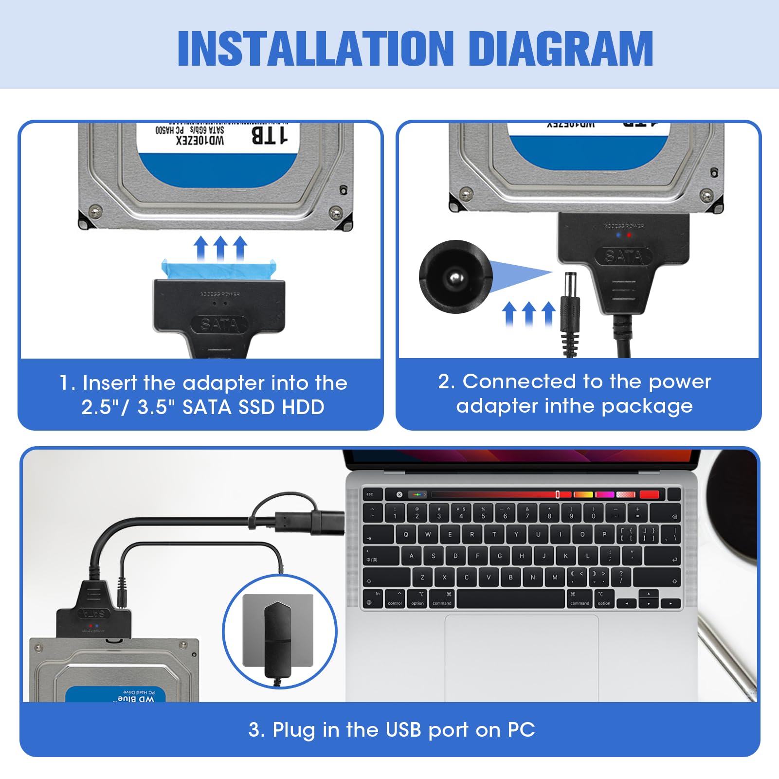 Cavo Adattatore USB 3.0 A SATA Per Disco Rigido - 5 Gbps - Plug And Play - Per SSD/HDD 2.5 E 3.5 Pollici (con Alimentatore)