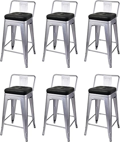 Vista 250 de GIA Taburete de metal con respaldo bajo de altura de mostrador de 24 pulgadas con asiento de cuero vegano, color plateado