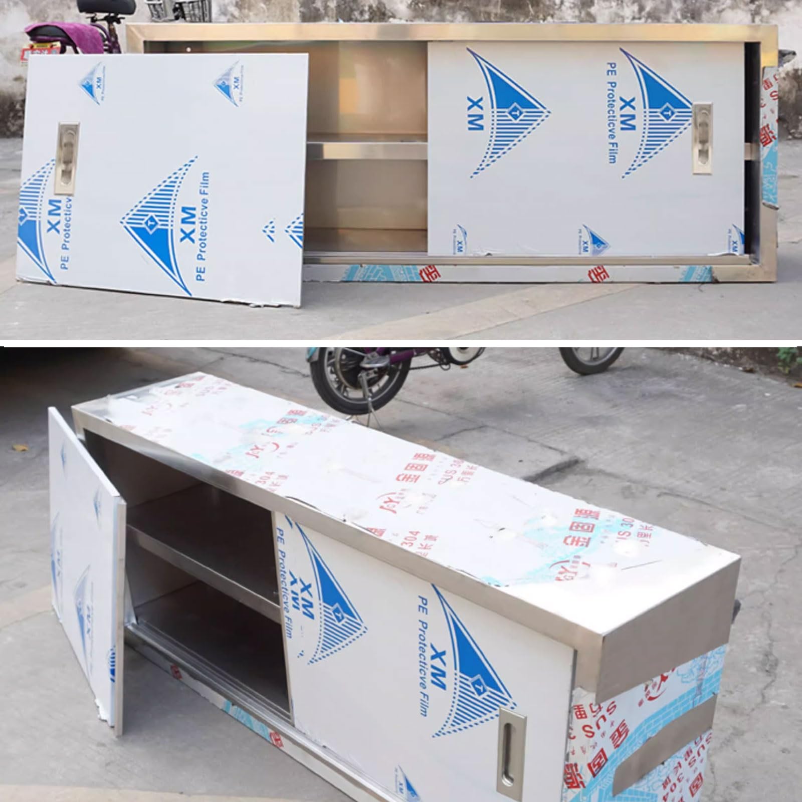 Armario de almacenamiento de pared, material de acero inoxidable, ruedas integradas, fácil de abrir/cerrar, capacidad de carga de 50 kg, 100/120 cm de longitud, con puertas y estantes