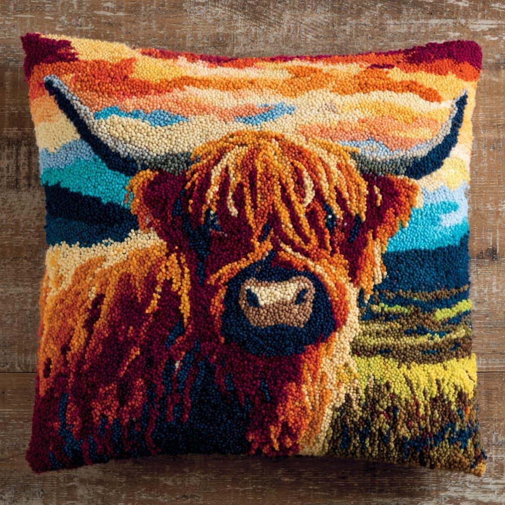 Taxpy Latch Hook Kits for Adults Beginners,Highland Cattle Pre-Printed Latch Hook Pillow Kit,Craft Rug Making Kits,DIY Embroidery Cushion for Home Sofa Decor & Gift Idea 17X17 in.