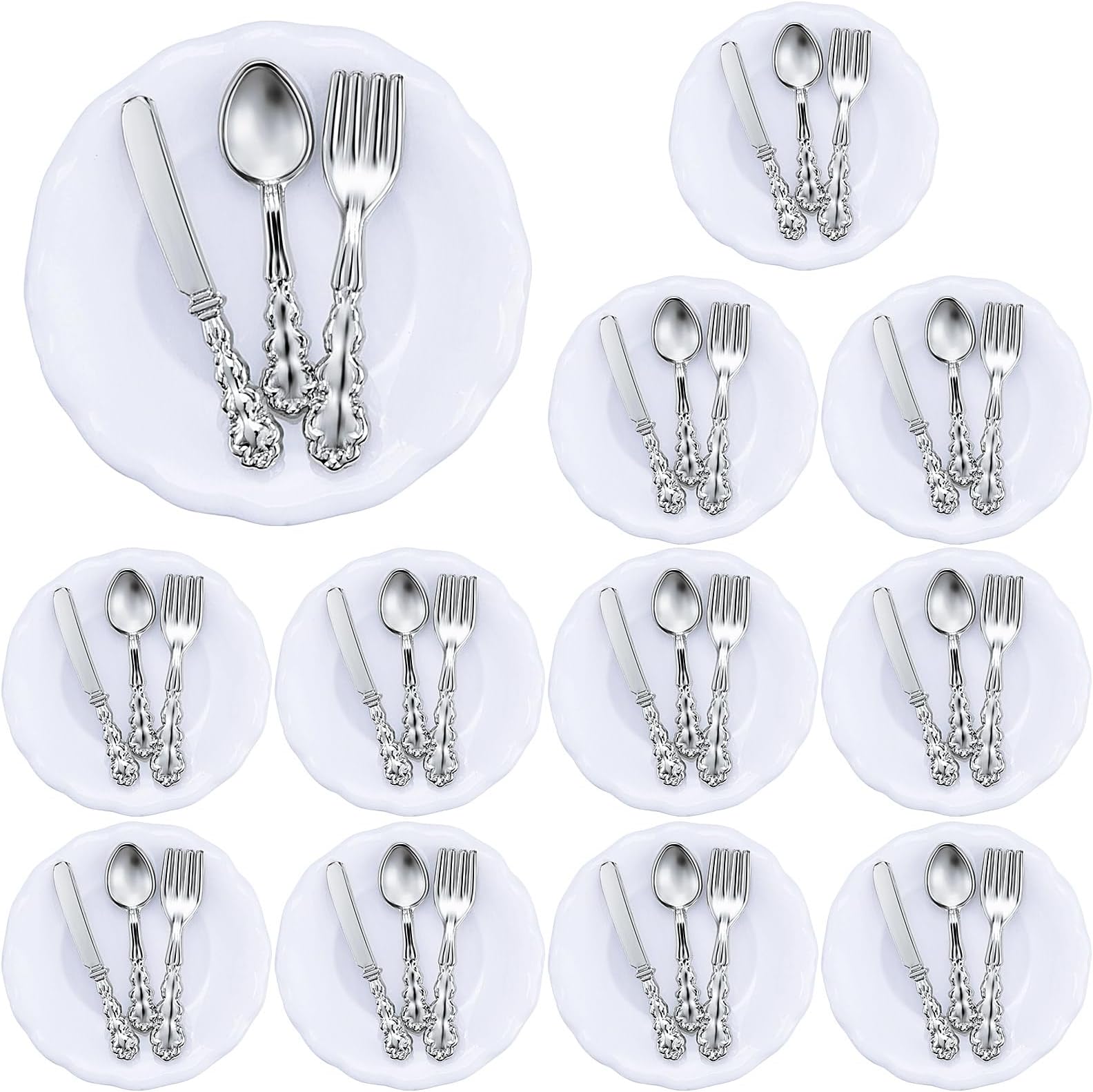 Skylety 4 Pieces 1: 12 Scale Minature Dollhouse Accessories Mini House Plates and 12 Spoons Knives Forks Metal Tableware Kitchen Accessories Miniatures Porcelain Plate Set Mini House Decoration