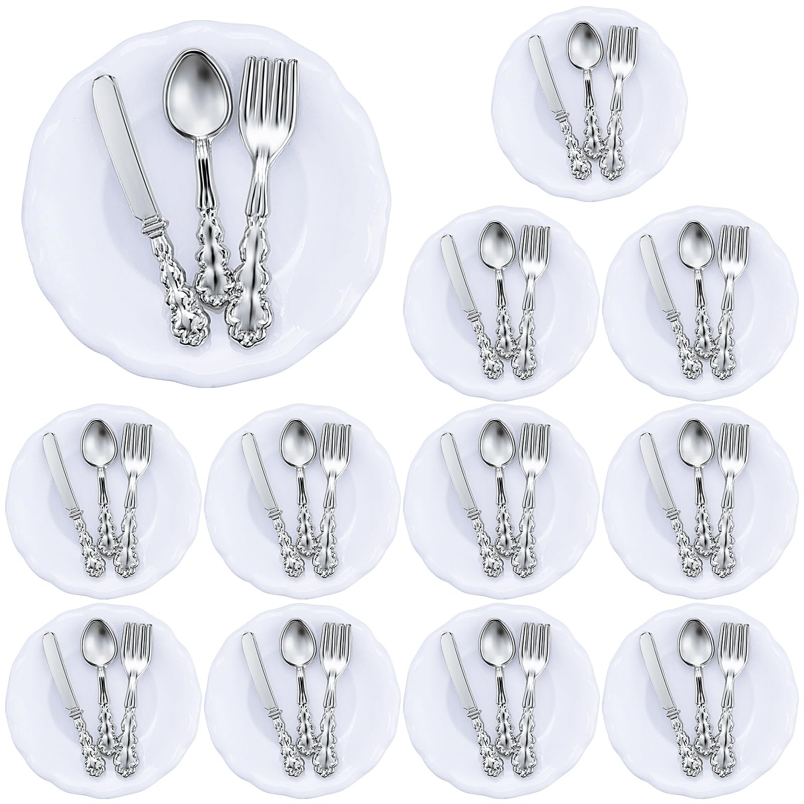 Skylety 4 Pieces 4 Pieces 1: 12 Scale Miniature Mini House Plates and 12 Spoons Knives Forks Metal Tableware Kitchen Accessories Miniatures Porcelain Plate Set Mini House Decoration