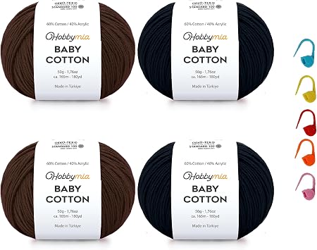 Baby Cotton Yarn Bundles for Crocheting - Each Ball is 50g / 180yds - 2 Fine, Sport Weight Yarn - Amigurumi Yarn, Crochet Thread - & 5 Stitch Makers Black & Brown