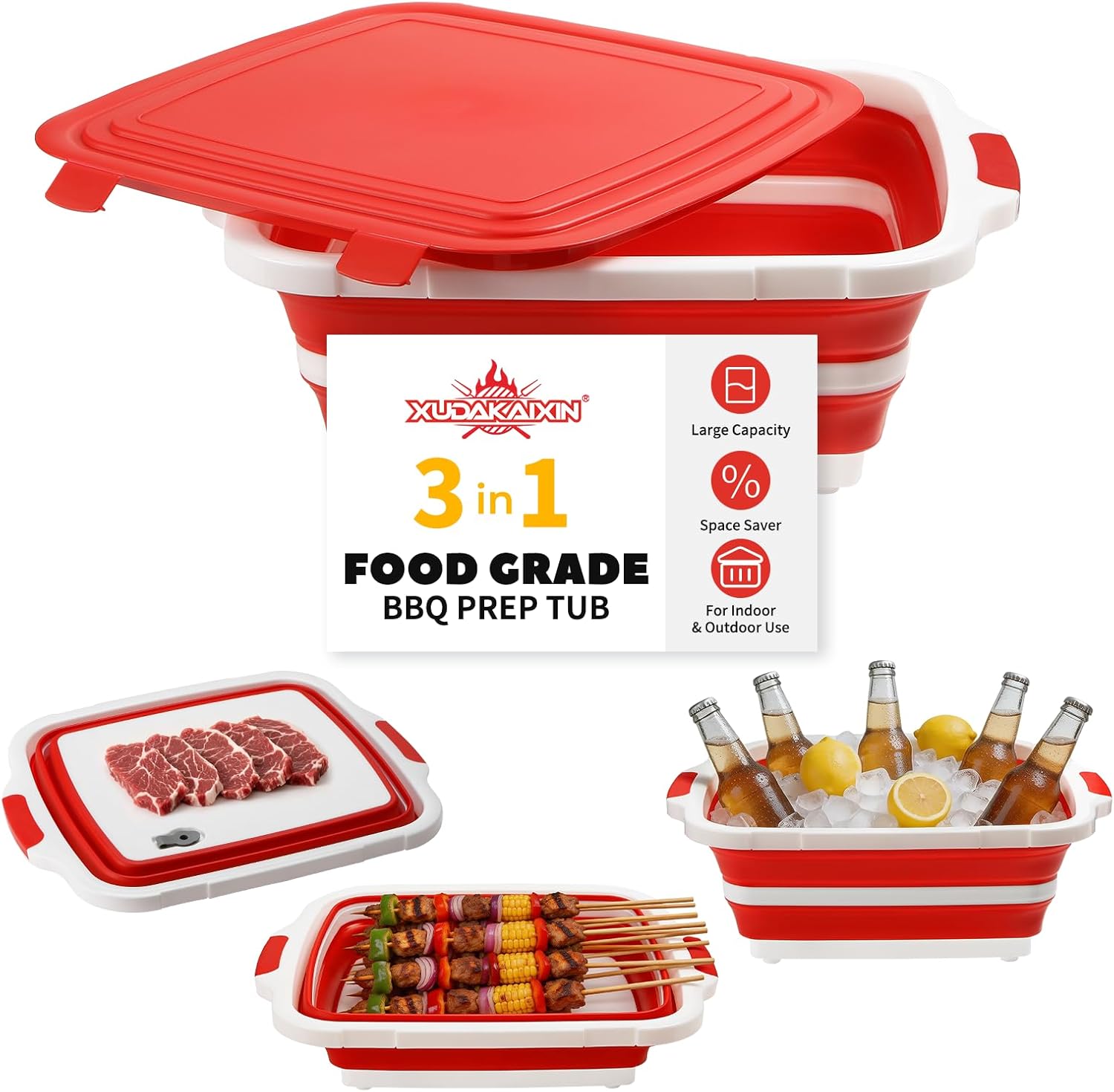XUDAKAIXIN Collapsible BBQ Prep Tub for Meal Prep, Marinating,Food Storage, picnics, camping, barbecues,cutting fruits and vegetables - Includes Cutting Board and Locking Lid,(X-Large) Red