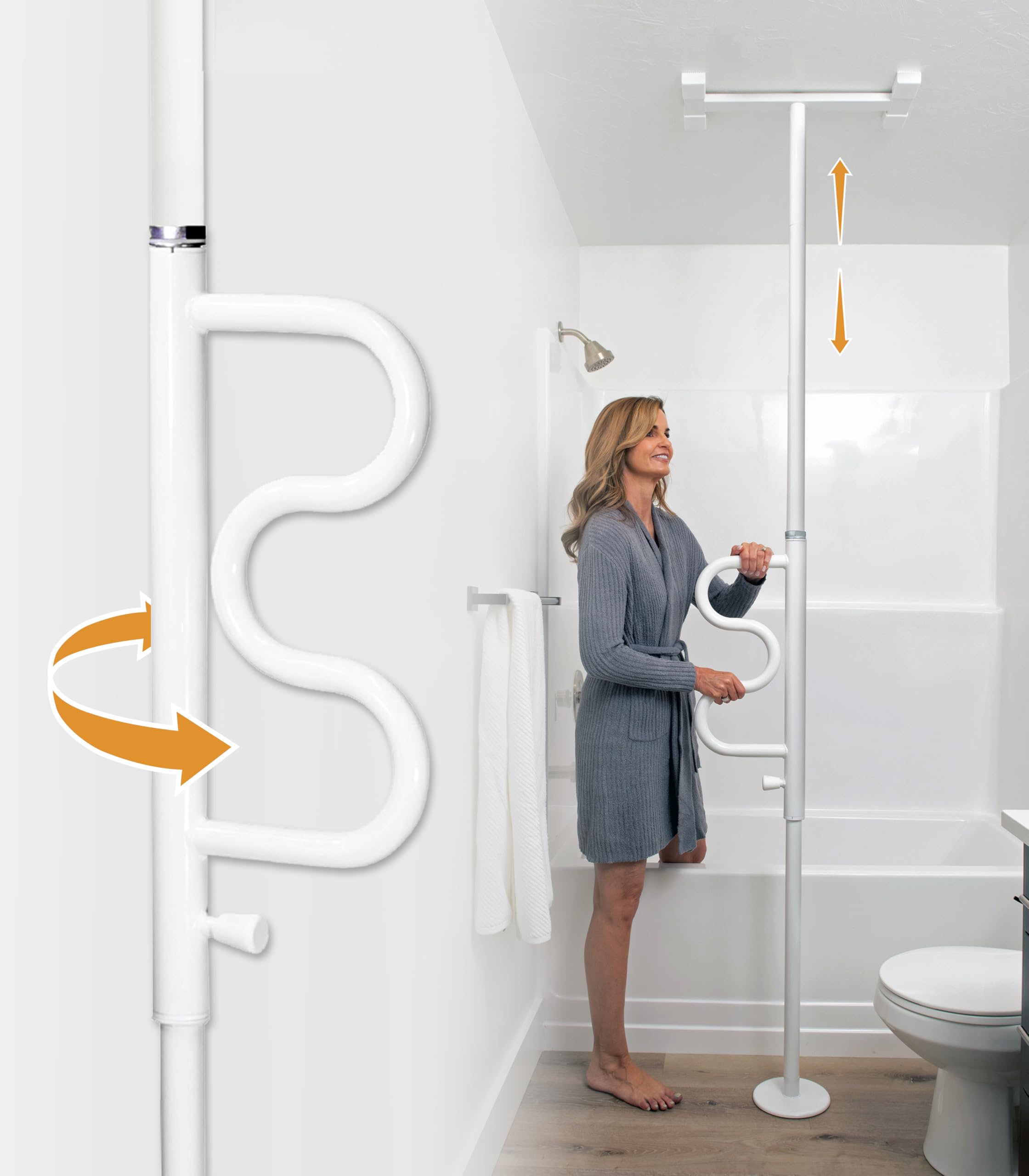 Stander Wonder Pole Plus with Rotating Double Grab Bar, Tension Mounted Security Pole for Seniors &amp; Elderly Adults, No-Drill Floor to Ceiling Transfer Pole for Home &amp; Bath Safety, White