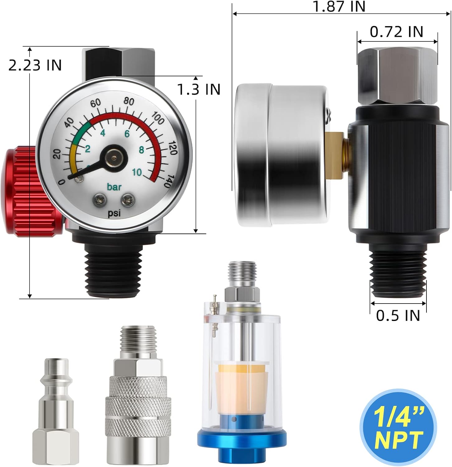 MEANLIN MEASURE Air Compressor Moisture Filter,Airbrush Filter Moisture Separator, 1/4" NPT Inlet with 140 PSI Gauge for Air Tools and Spray Paint Gun (Pack of 2）