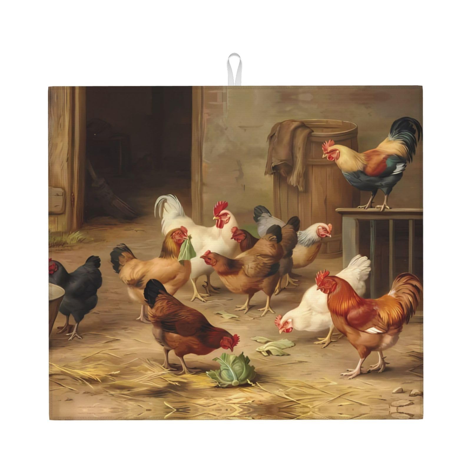 HJFCZH Roast Chicken Hen Farm Prints Kitchen Drying Mat - Absorbent Dish Drying Throw with Vibrant Prints, Quick-Dry Countertop Layer for Dishes & Appliances - Non-Slip & Foldable
