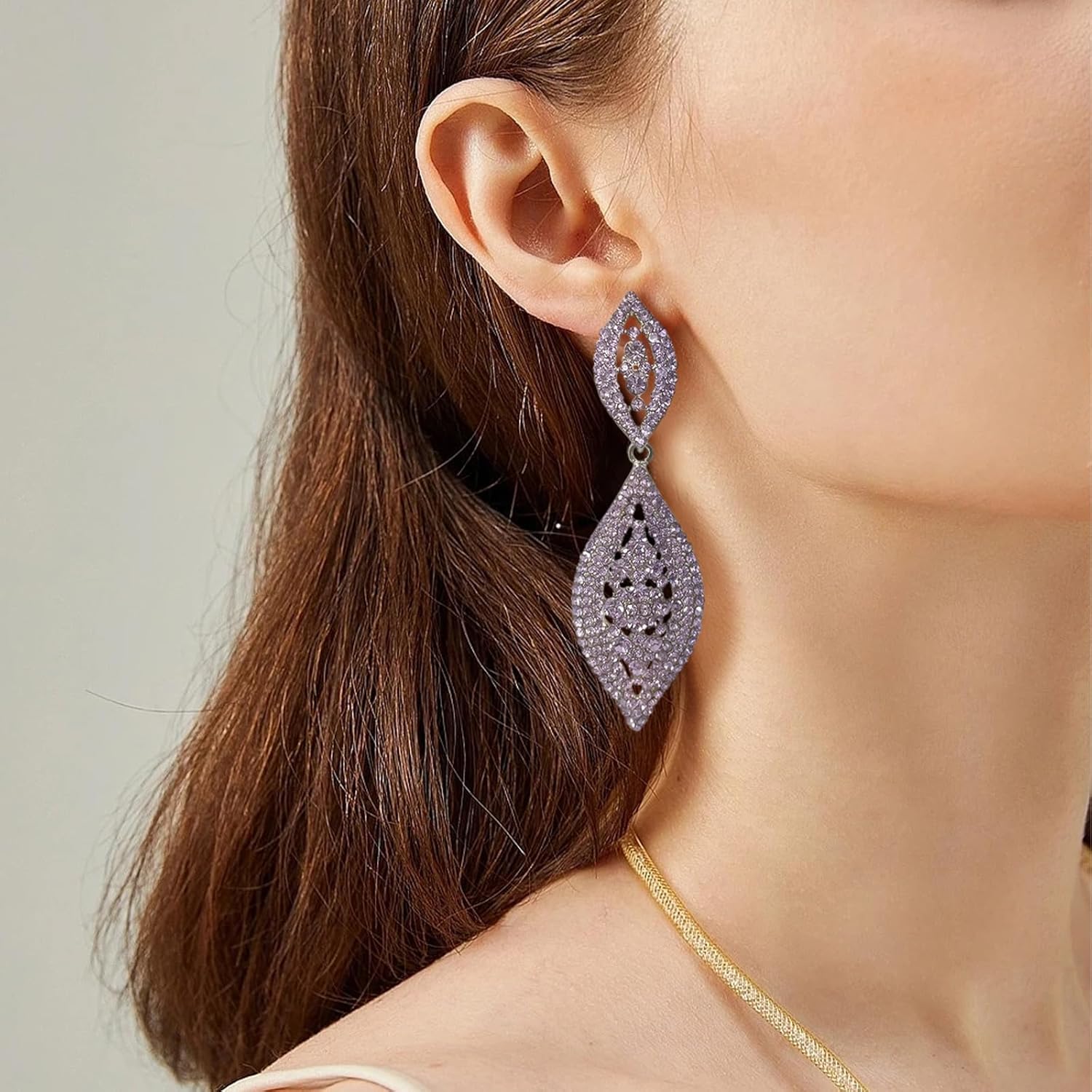 Women Large Statement Chandelier Earrings Rhinestone Clear Crystal Party 2 Leaf Dangle Earrings - Image 2