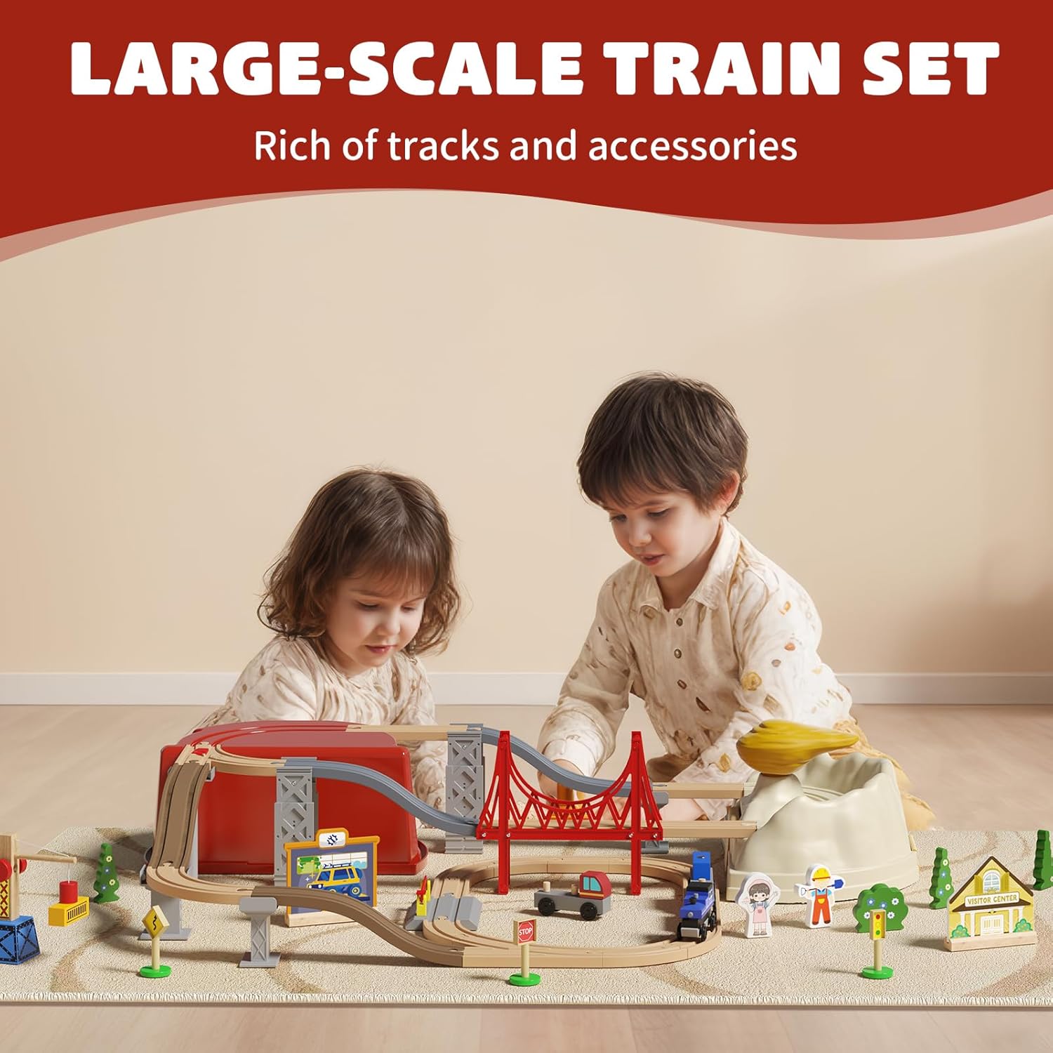 tonfoo Train Set 59pcs Train Set, Toy Train for Boys & Girls with Wooden Train Track, Wooden Toys for 3-7 Years Old Toddlers & Kids, Railway Set Christmas Toys for Kids