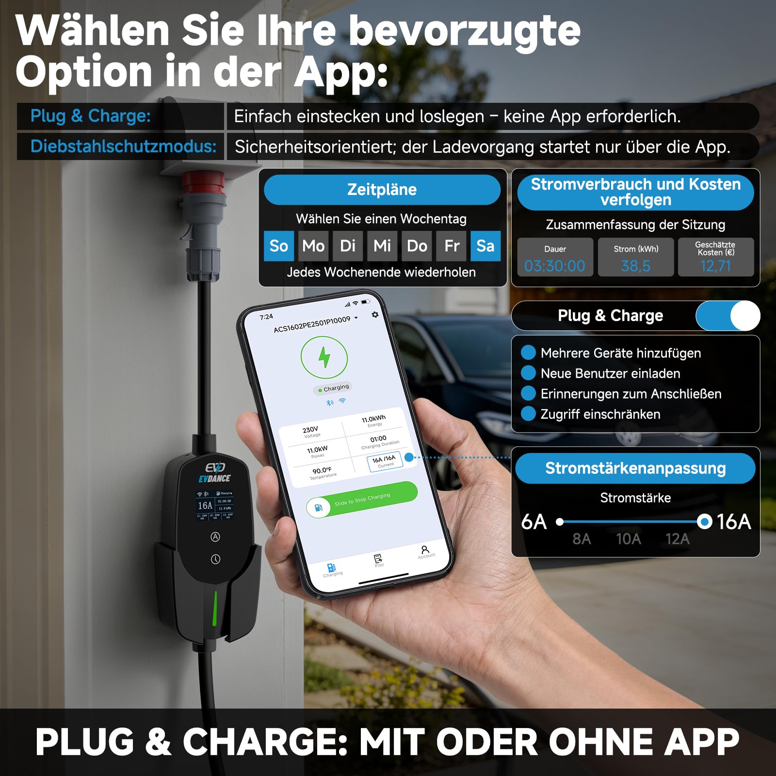 EVDANCE Mobile Wallbox 11kW mit App, 400V (6-16A) 3 phasig 7,8M Mobile Ladestation CEE Typ 2 Ladekabel IP66 mit Einstellbarer Ladeleistung, EV-Charger für Elektroauto & Hybrid(PHEV/EV)