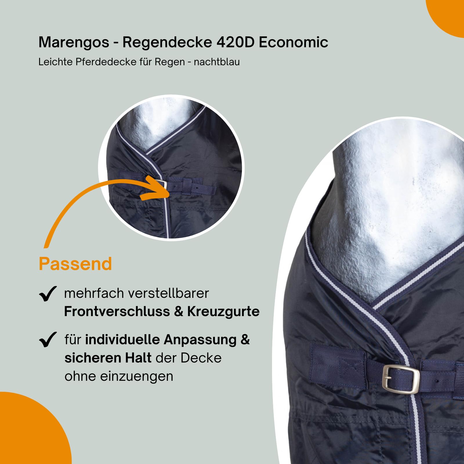 Marengos - Regendecke 420D Economic – leichte Pferdedecke für Regen – atmungsaktiv & wasserdicht – Weidedecke mit Kreuzgurten – Outdoordecke für Pferde – 155 cm in Nachtblau | Leichte Pferdedecke für Regen – atmungsaktiv & wasserdicht – Weidedecke mit Kre