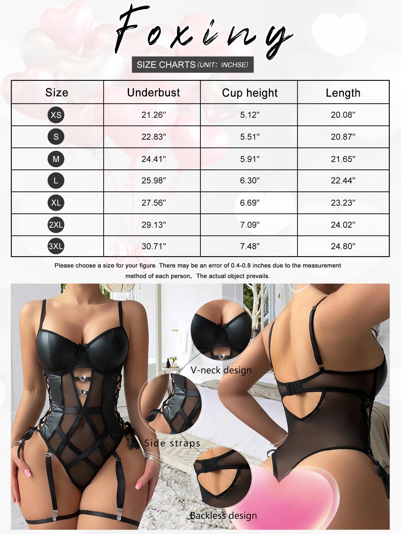 Foxiny Sexy Strappy Lace Up Underwire Sheer Leather Garter Belt Teddy Bodysuit Lingerie Top 2 Piece Set: Small Black