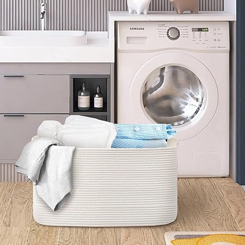 Miniatura 6 de Cestas blancas para organizar, 22.8 x 14.9 x 11.8 pulgadas, cestas de almacenamiento rectangulares de cuerda de algodón, cesta tejida para manta