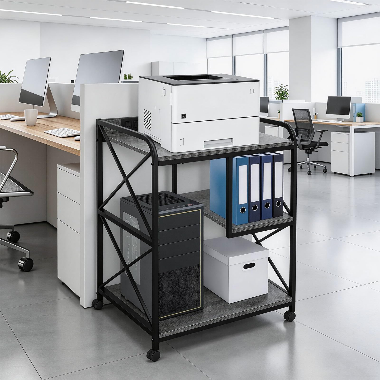 Druckerständer mit Aufbewahrungsregal, Großer Druckertisch mit Rollen für Home Office, 23 x 18 Zoll Druckerregal mit Steckdose USB-Anschluss, Computerturm-Ständer, Grau