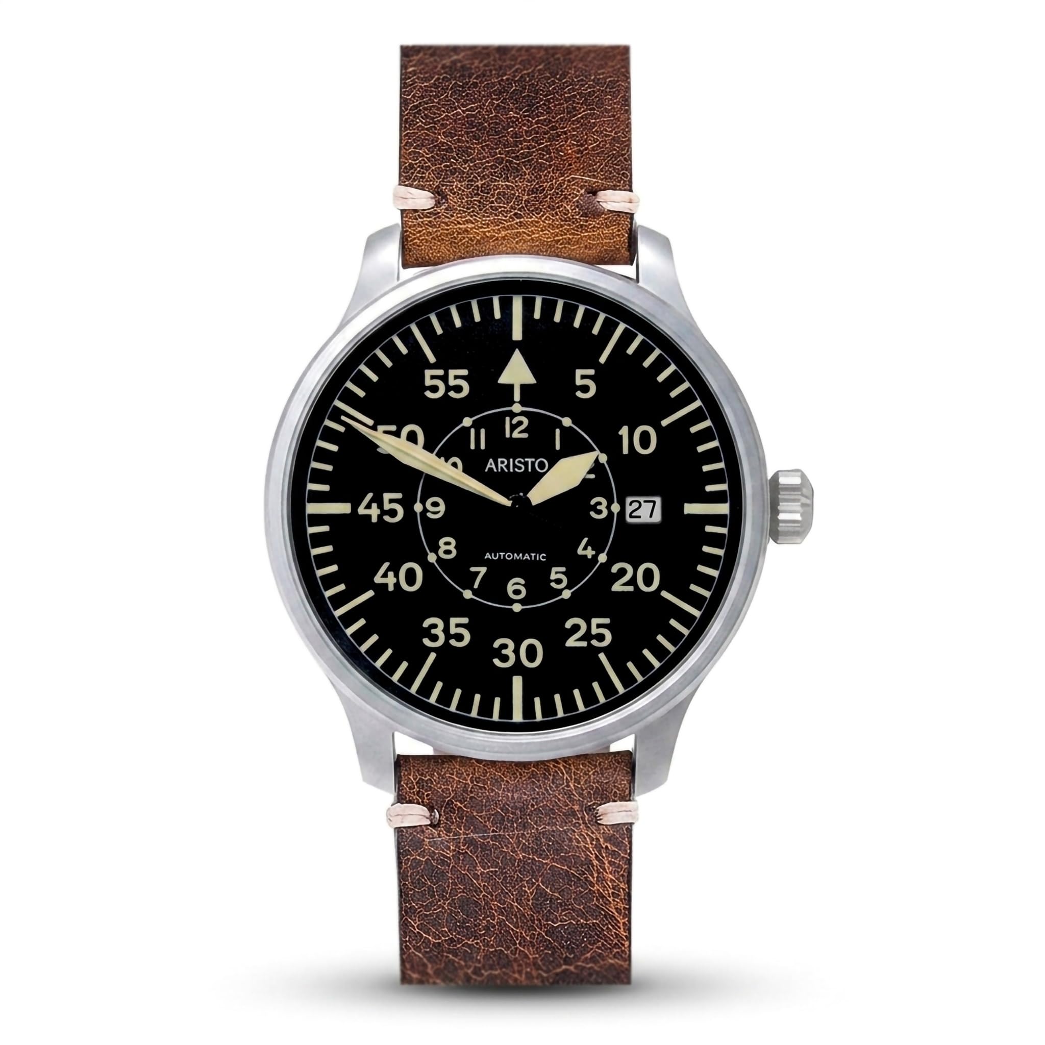 Aristo 7H117 Vintage 42 Pilot Automatic - Montre aviateur classique avec précision suisse - Boîtier en acier inoxydable sablé d'un diamètre de 42 mm - Cadran Pilot - Verre saphir - Fabriqué en