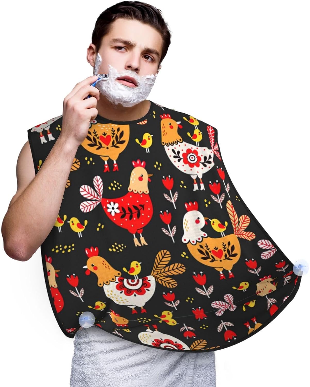Cute Rooster Chickens Print Beard Bib Apron, Shaving Apron For Dad, Men'S Hair Catcher For Shaving Best Gifts For Dad